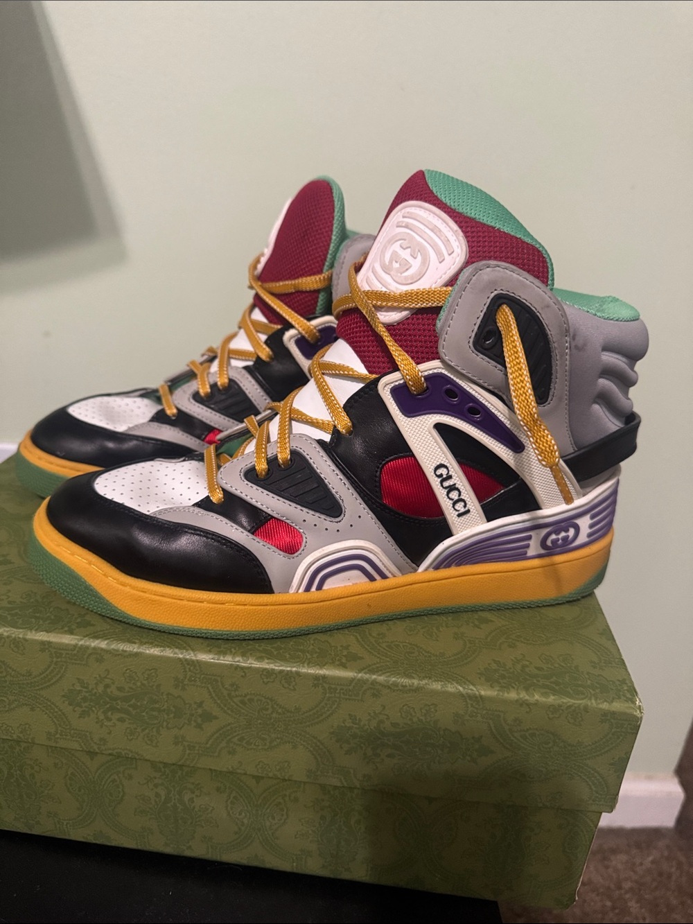 Gucci Multicolor High-Top Sneakers — Black, White, Yellow, Green, Red, Purple
